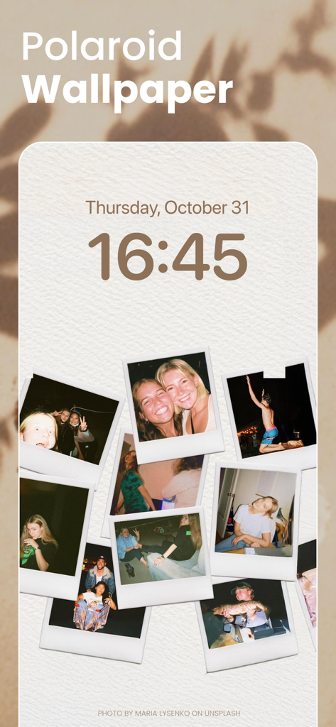 Ästhetische Polaroid-Fotocollage-Hintergrund auf dem Sperrbildschirm eines Smartphones.