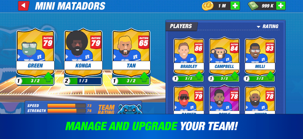 Touchdowners 2 - Mad Football - Menu screen for managing and upgrading American football player cards in Touchdowners 2