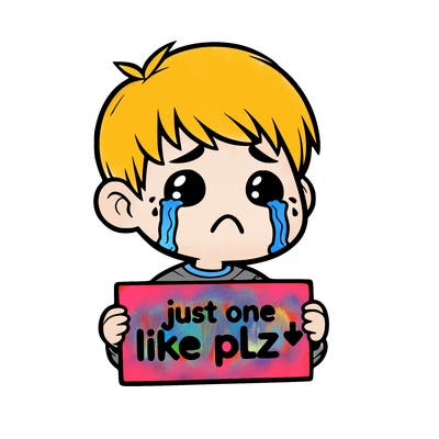 realistic crying boy with a sign saying just one like plz