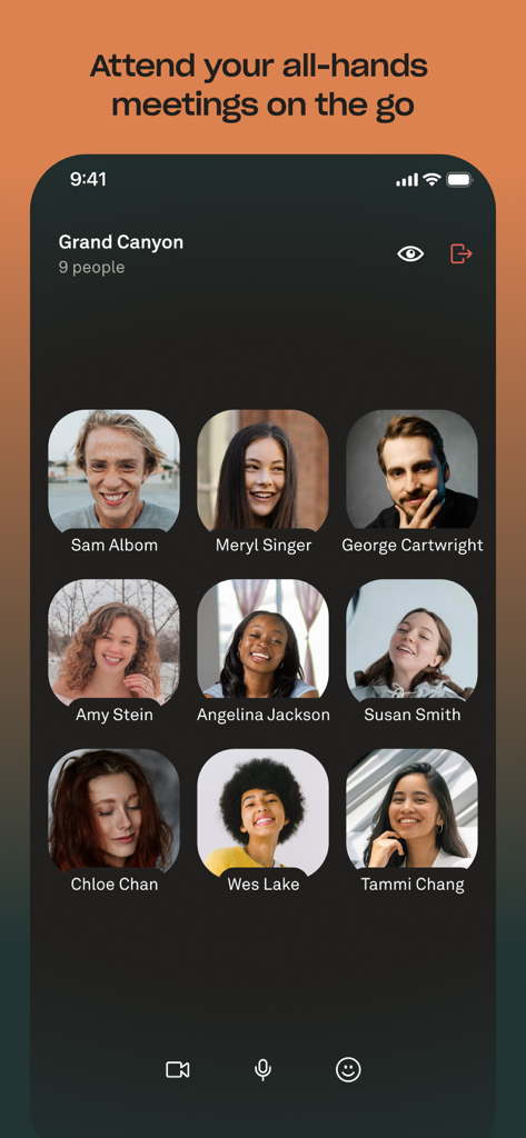 Interface do aplicativo móvel Kumospace mostrando uma reunião geral virtual com nove participantes