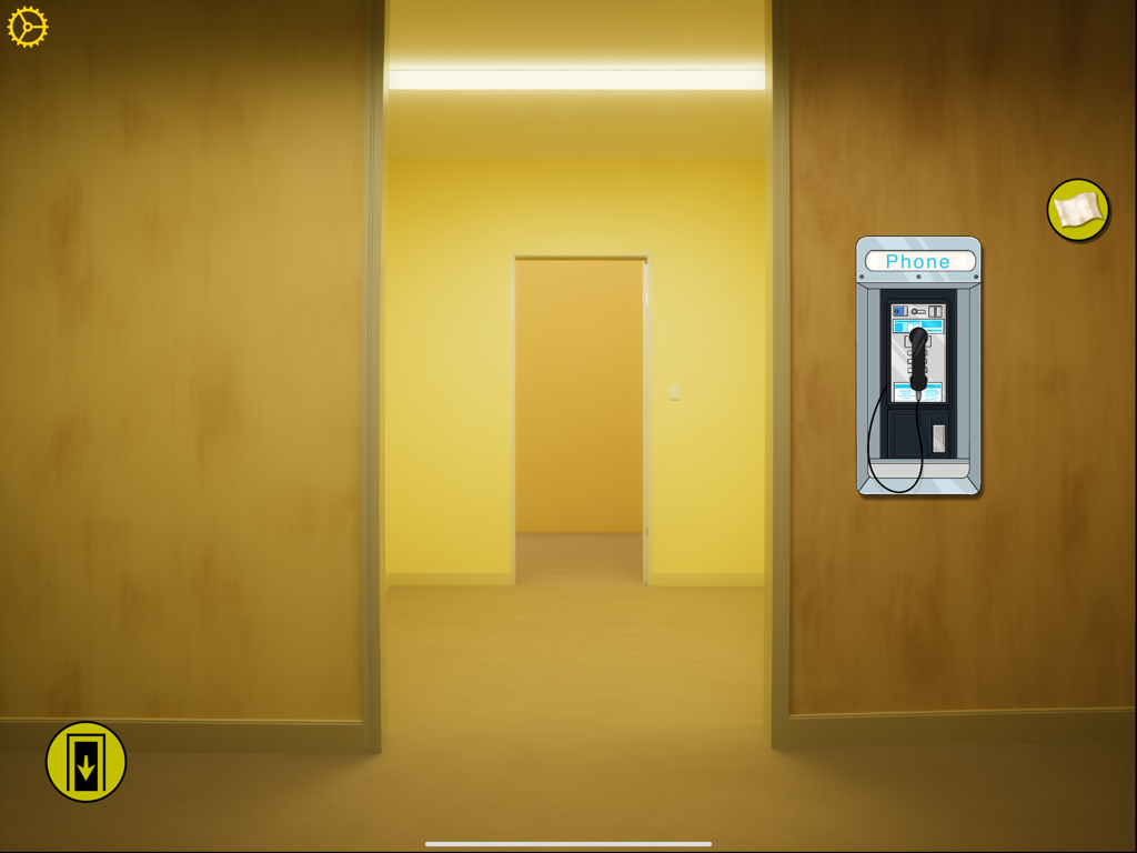 The Backrooms - Um corredor liminar amarelo com um orelhão azul no jogo mobile Backrooms.
