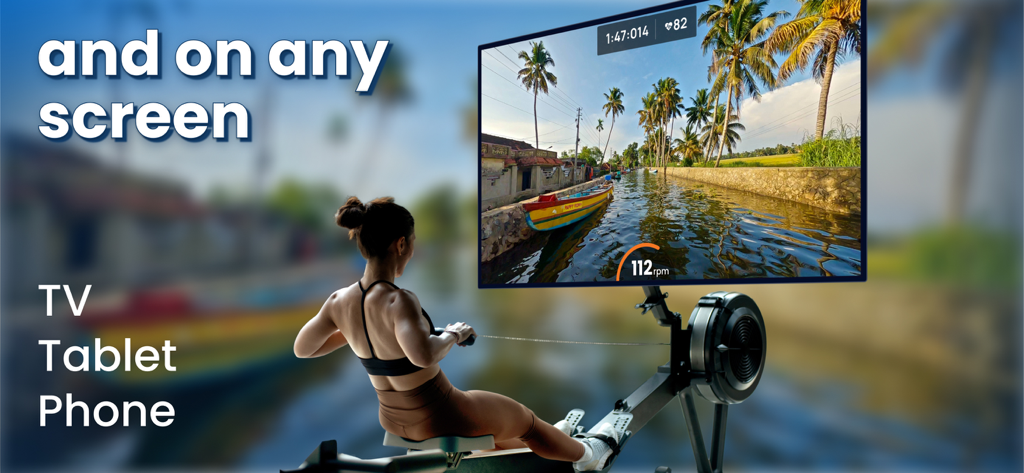 A woman using the BitGym app on a rowing machine with a scenic waterway view displayed on a large TV screen.