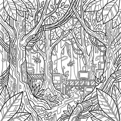 Step into a breathtaking fusion of nature and technology with this unique Cyberpunk Forest coloring page. Discover a vibrant ecosystem where ancient trees intertwine with futuristic wiring and high-tech structures, offering an unparalleled coloring experience.