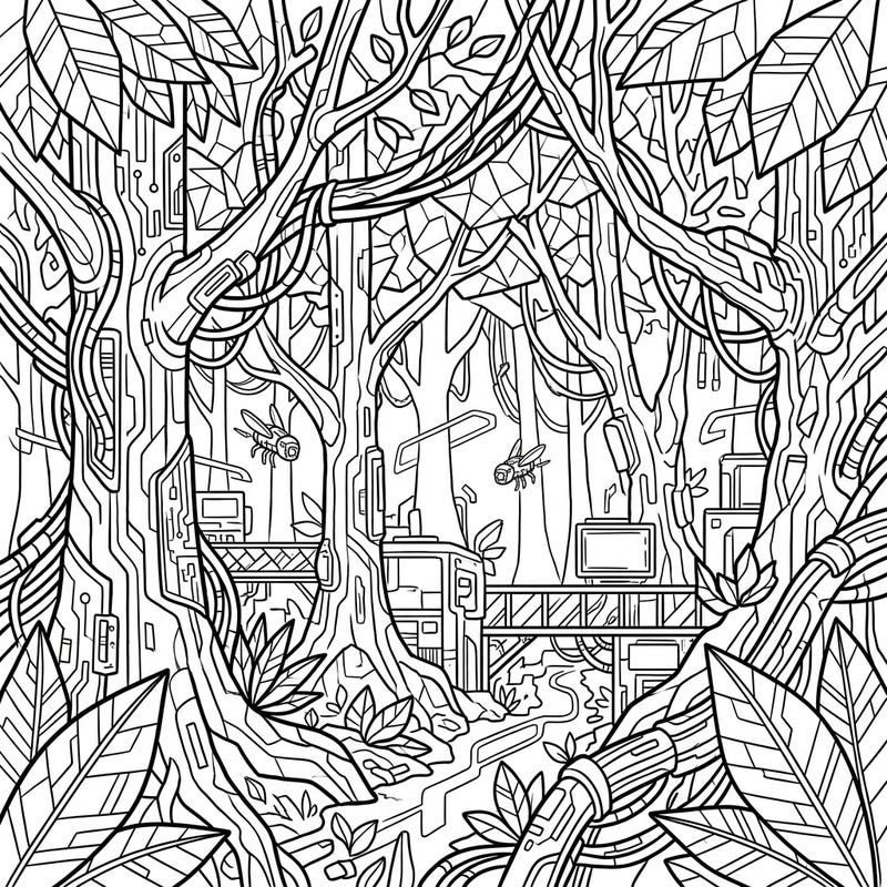 Step into a breathtaking fusion of nature and technology with this unique Cyberpunk Forest coloring page. Discover a vibrant ecosystem where ancient trees intertwine with futuristic wiring and high-tech structures, offering an unparalleled coloring experience.