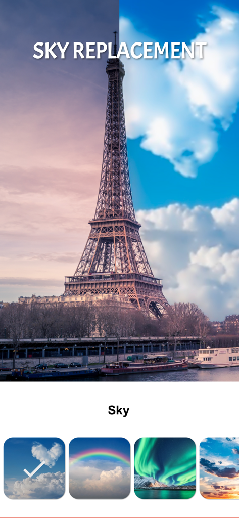 Cartoon face maker：Photo Art - エッフェル塔の写真に、虹やオーロラ効果のオプションが表示される空の置き換えの分割画面が表示される