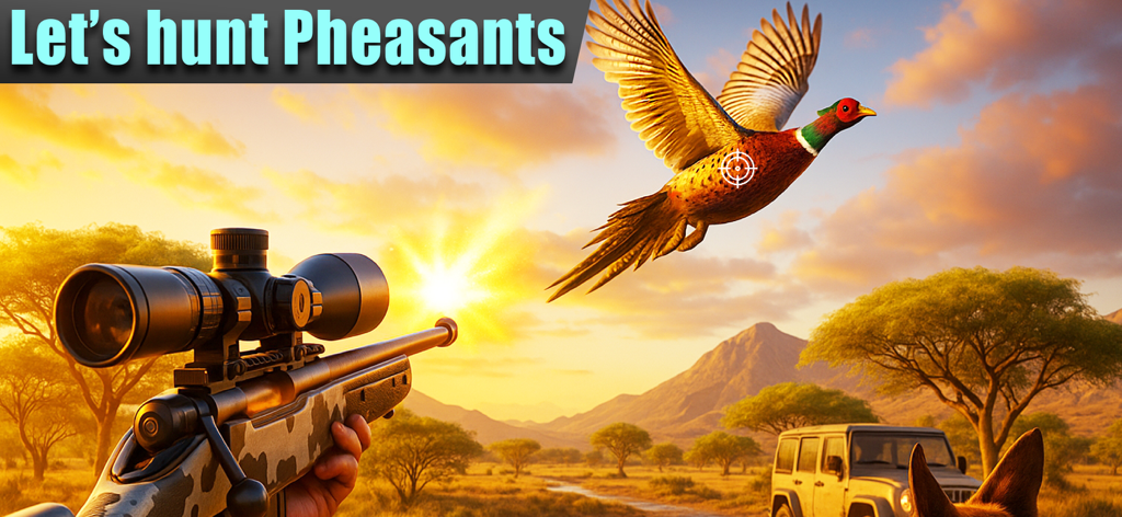 Pheasant Bird Hunting Game 3D - Sniper rifle scope aiming at a flying pheasant bird in a 3D safari environment at sunset