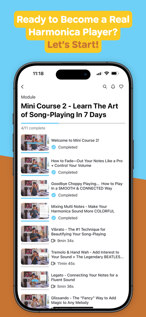 Learn Harmonica In 7 Days - Mobile screen showing a list of harmonica lesson modules for song playing techniques like vibrato and tremolo.