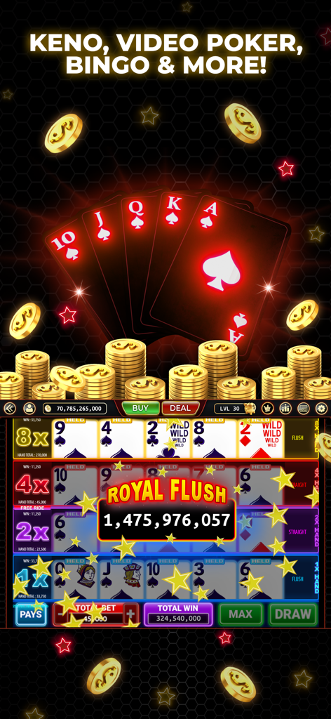 Lucky Eagle Play - Slots Games - A multi-hand video poker game screen showing a Royal Flush win in the Lucky Eagle Play app.