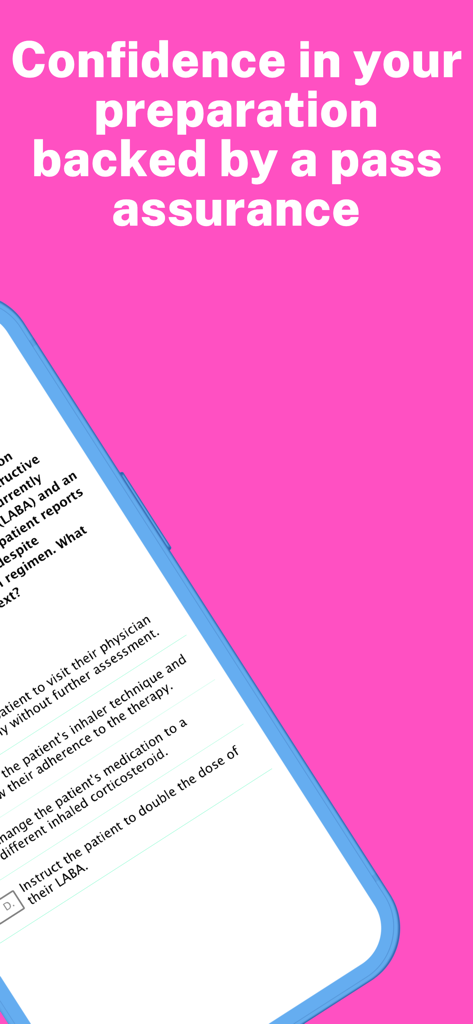 Pharmacy Technician Mastery - Pharmacy Technician Mastery app interface featuring a pass assurance guarantee and a mock exam question about patient medication.