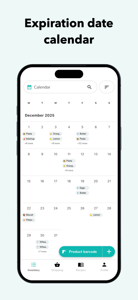 NoWaste: Food Inventory List - A calendar view in the NoWaste app showing food items organized by their expiration dates
