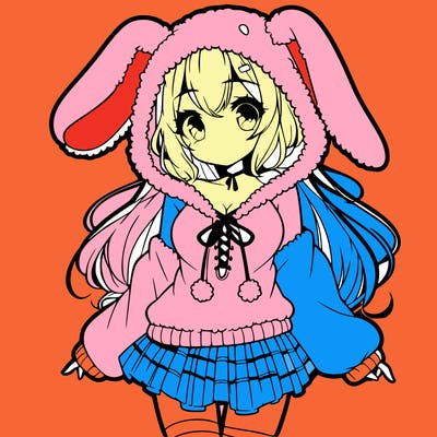pretty anime girl wearing a fluffy hoodie with bunny ears on the hood and a skirt