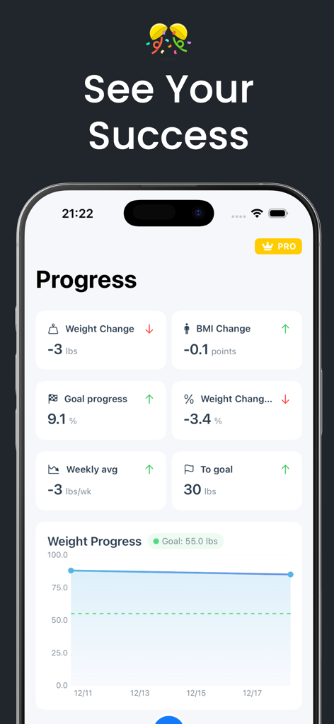 샷 팔 앱에서 체중 감량 및 BMI 진행 지표를 보여주는 모바일 대시보드