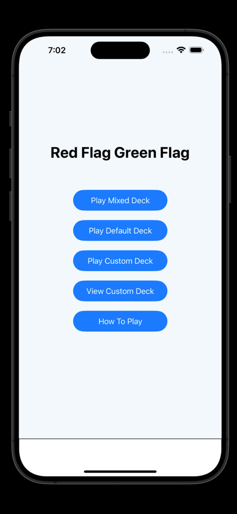 Red Flag Green Flag - Pantalla del menú principal de la aplicación Red Flag Green Flag con botones de selección de modo de juego en un iPhone