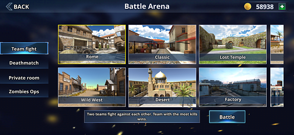 GO Strike battle arena screen showing map selection for team fight mode.
