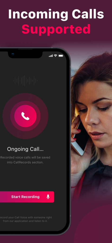 Smartphone displaying the incoming call recording interface of the Call Recorder app