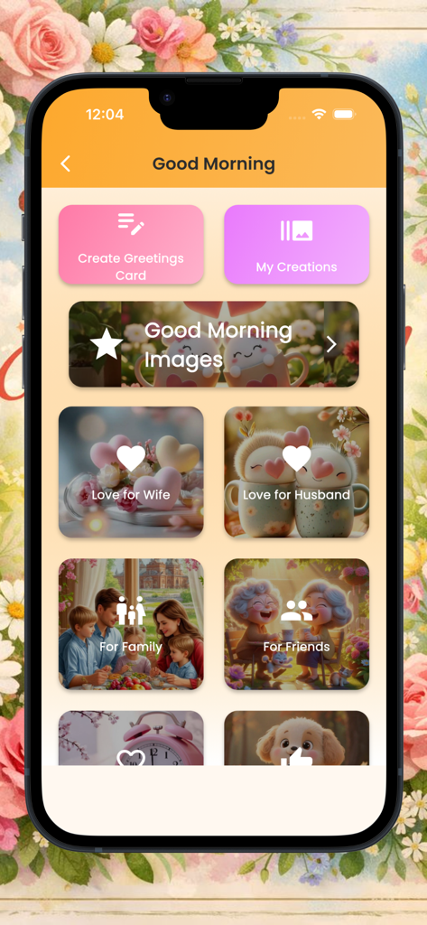 Good Morning greetings - Dashboard of the Good Morning greetings app showing categories for wife, husband, family, and friends