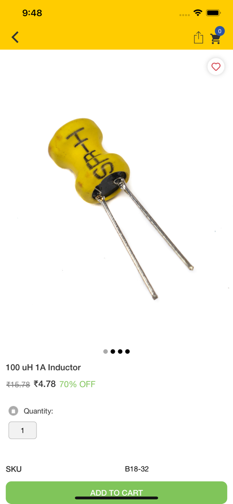 HnHCart mobile app product page for a 100 uH 1A Inductor showing price and add to cart button