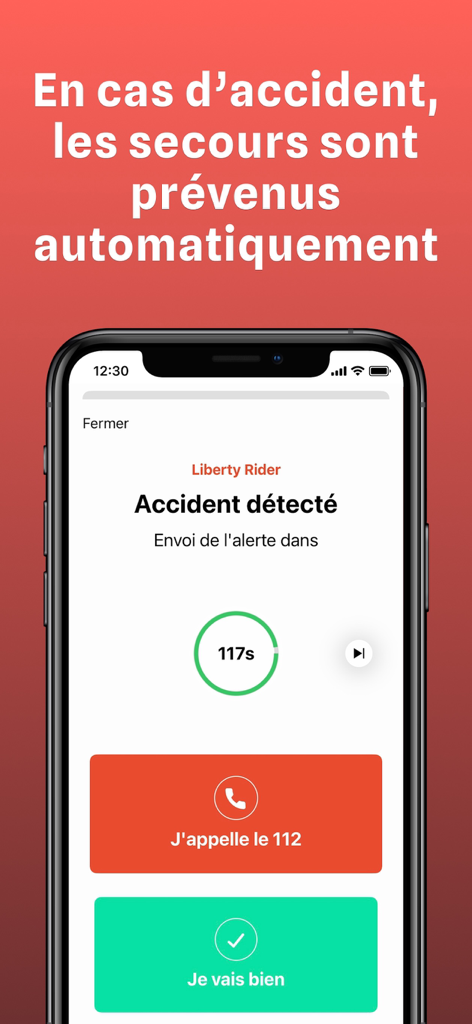 Liberty Rider - GPS moto & SOS - Liberty Rider app interface showing automatic accident detection with emergency SOS alert and countdown timer