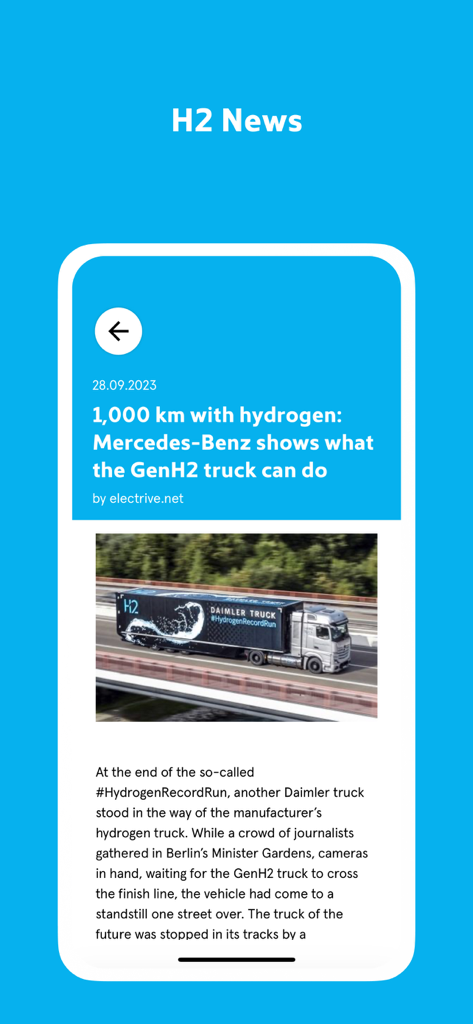 H2.LIVE - H2.LIVE App-Nachrichtenbildschirm mit einem Mercedes Benz Wasserstoff-LKW