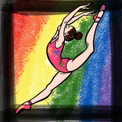 gymnast doing a leap in a leotard with a bent back leg