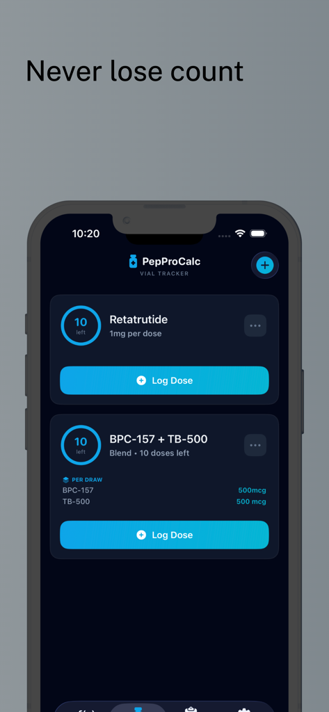PepProCalc: Peptide Calculator - PepProCalc app interface showing a vial tracker for peptides like Retatrutide and BPC-157.