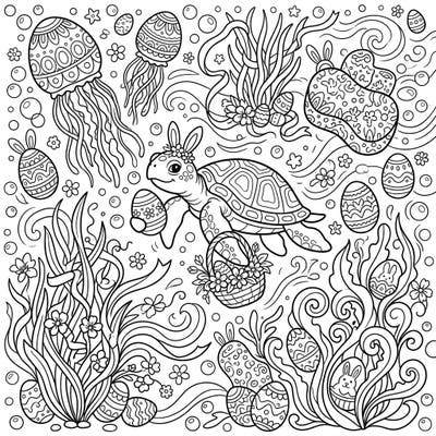 Embark on an enchanting underwater Easter adventure with this delightful coloring page featuring a charming sea turtle. Discover hidden Easter eggs, playful jellyfish, and vibrant marine flora, all ready for your creative splash of color.