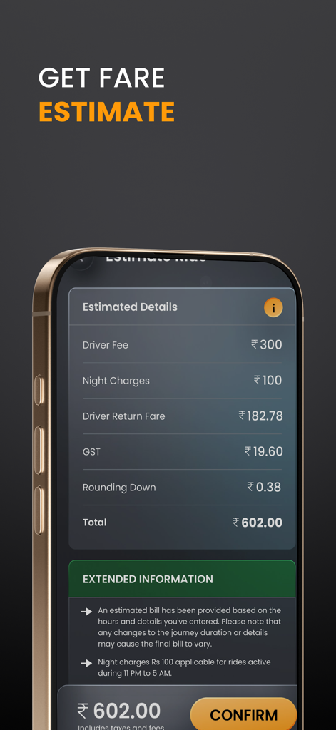 CarChalak - Una pantalla detallada de estimación de tarifas en la aplicación móvil CarChalak que muestra un desglose de costos, incluidas las tarifas del conductor y el precio total.