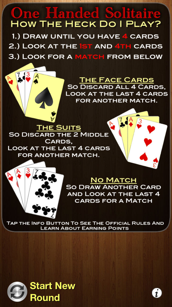 One Handed Solitaire - Tutorial screen for One Handed Solitaire showing game rules and card matching examples