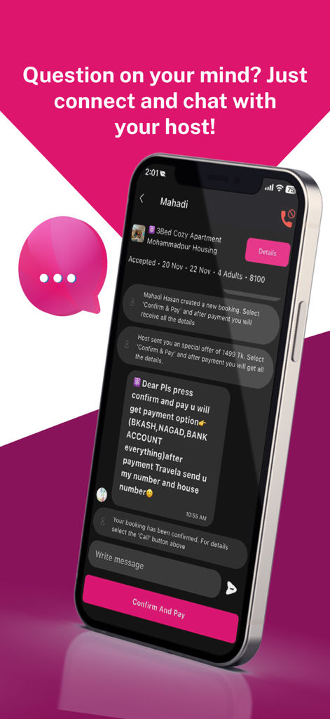 Travela - A smartphone screen showing the Travela app's chat interface where a guest and host discuss booking details for a cozy apartment stay.