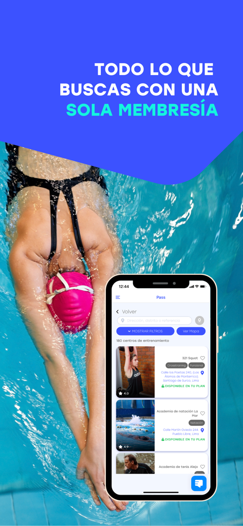 Monkeyfit - A person swimming in a pool with a smartphone displaying the Monkeyfit app search for local gym centers