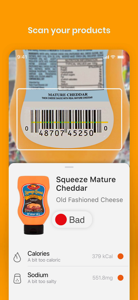 Yoka Ai app scanning a product barcode and showing a bad health rating with nutrition information