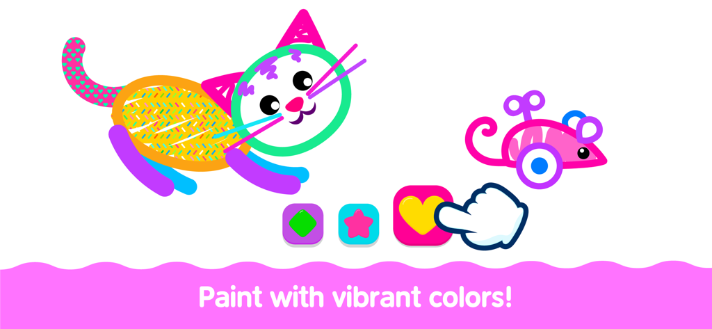 Kids Drawing Games & Coloring - A colorful digital drawing of a cat and a wind-up mouse with vibrant paint options in a kids educational app.