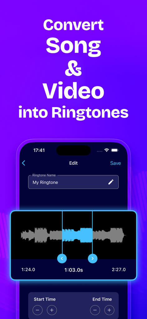 Ringtone Maker: SnapTone - SnapToneアプリのインターフェース。曲やビデオをカスタムiPhone着信音に変換するためのもの