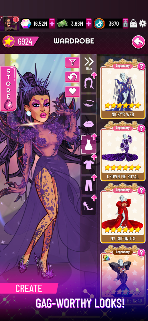 RuPaul's Drag Race Superstar - Écran de personnalisation de personnage dans RuPaul's Drag Race Superstar montrant une drag queen dans la garde-robe avec des options de tenues légendaires.