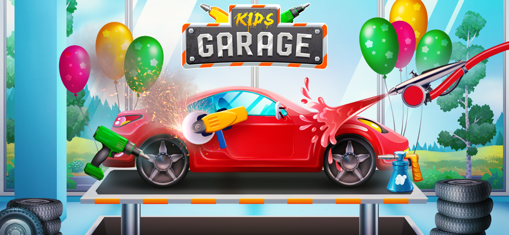 Kids Garage: Toddler car games - Red car being repaired and painted in a colorful toddler garage game