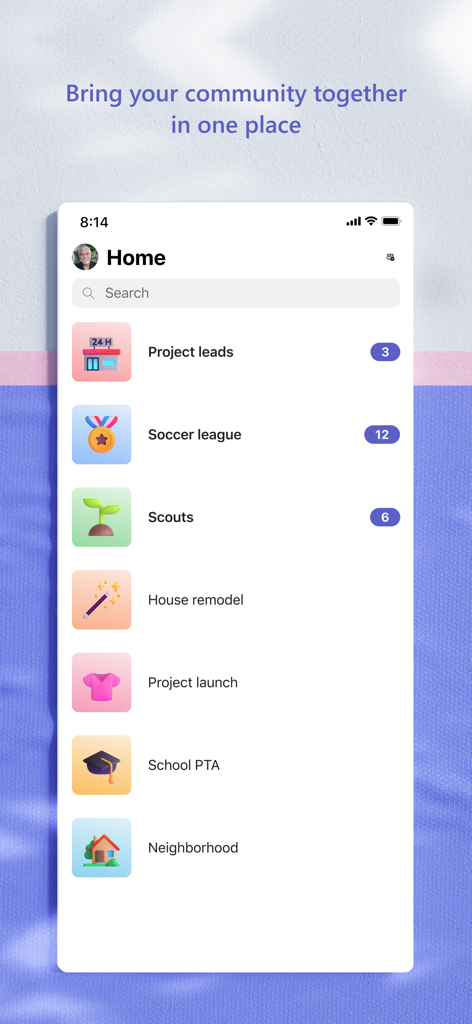 다양한 커뮤니티 그룹 및 프로젝트 폴더 목록이 표시된 Microsoft Teams 모바일 앱 홈 화면