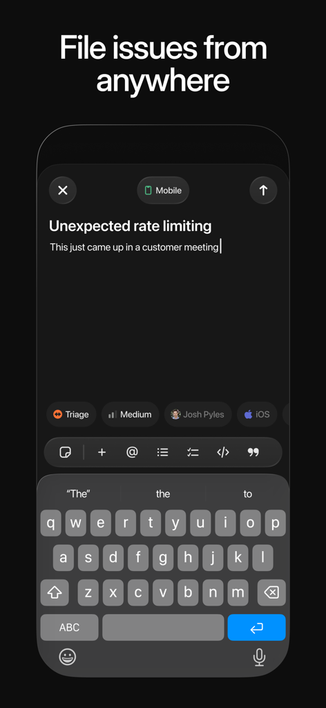 Interfaz móvil para registrar una nueva incidencia en la aplicación Linear Mobile.