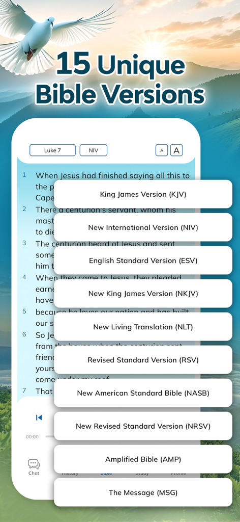 Bible Chat: Study・Daily Verse - Screenshot of the Bible Chat app displaying a list of 15 unique Bible versions available for study