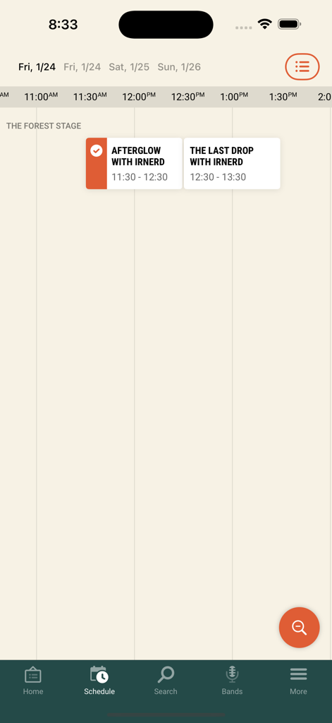 Festival One - A mobile app schedule for Festival One displaying performance times for artists at the Forest Stage.
