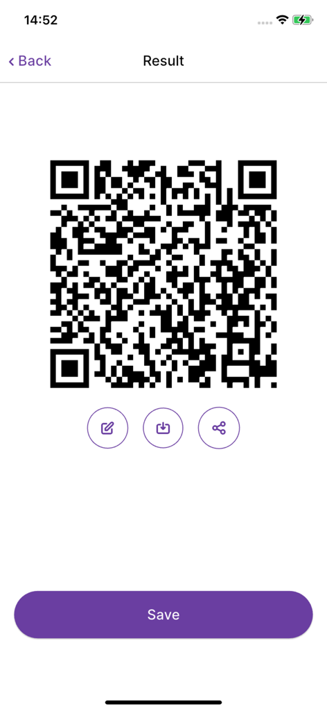 QRCode Scanner T - A QR code result screen in the QRCode Scanner T app with save and share buttons