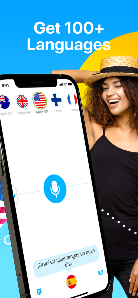 Dialog - Translate Speech - Smartphone-Bildschirm mit der Dialog Translate Speech App-Oberfläche mit Sprachübersetzungs- und Sprachauswahloptionen
