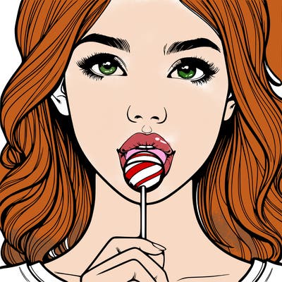 a realistic girl with a lollipop in her mouth
