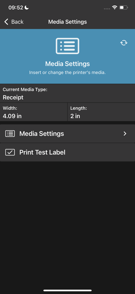 Zebra 프린터 설정 유틸리티 앱의 용지 설정 인터페이스로, 영수증 프린터 치수 및 인쇄 테스트 레이블 옵션 표시
