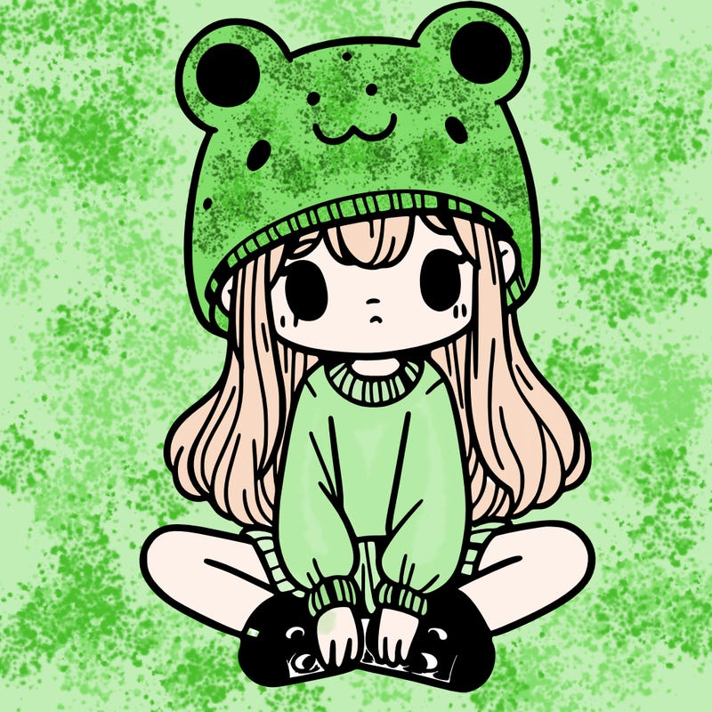 a girl wearing a frog hat and some frog socks