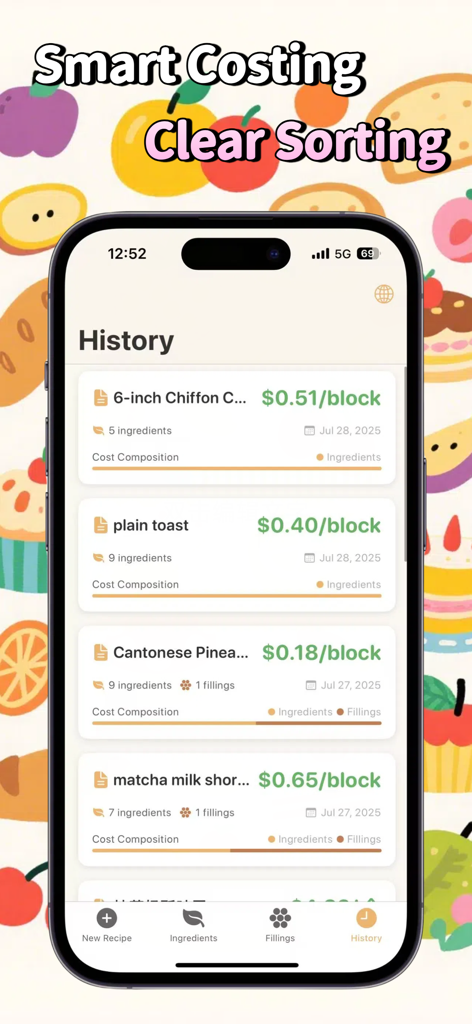 Baking Cost Calculator - Un écran d'historique dans l'application Calculateur de Coûts de Pâtisserie montrant une liste de recettes comme le gâteau chiffon et le pain grillé avec leurs coûts calculés par bloc.
