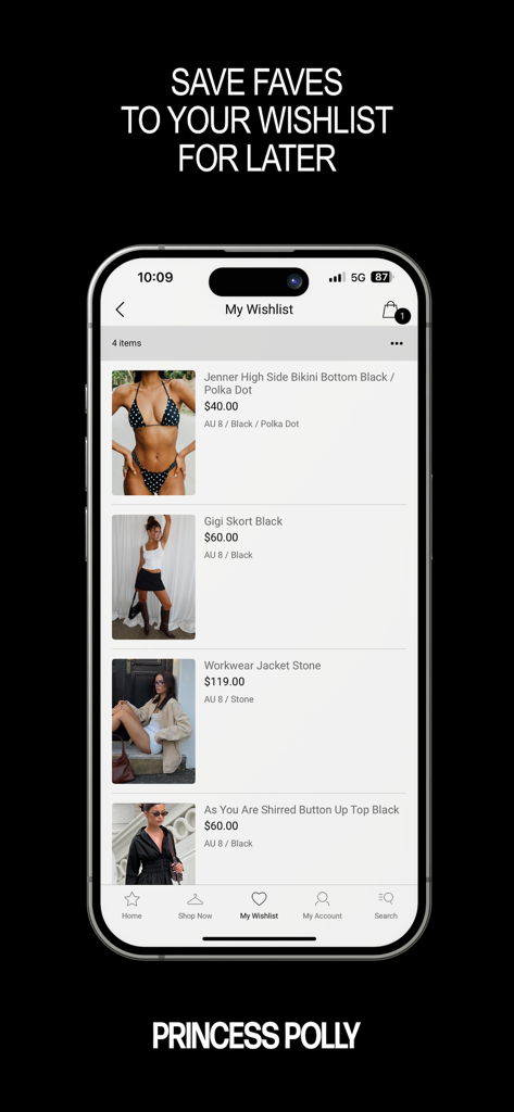 Princess Polly app My Wishlist screen displaying saved fashion items