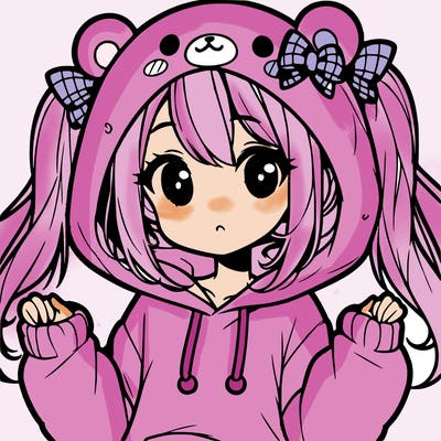 cute anime girl with ponytails and a cute bear hoodie