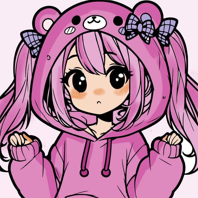 cute anime girl with ponytails and a cute bear hoodie