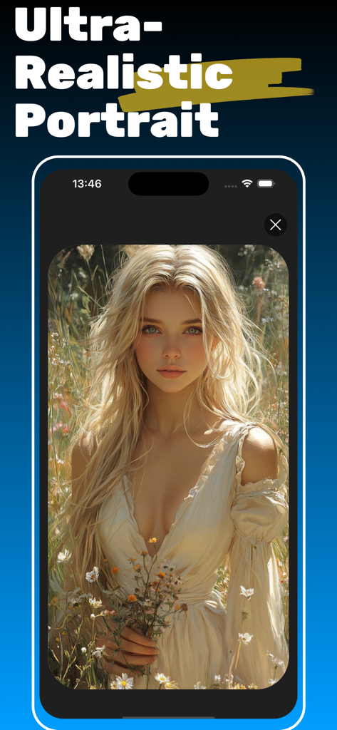 Flux Kontext-AI Art Generator - 野原に咲く花の中に金髪の女性の、超リアルなAIポートレート