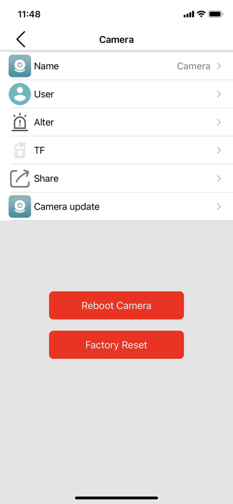 JXLCAM 网络视频监控系统 - Settings menu of the JXLCAM app showing configuration options for alerts, storage, and device management.
